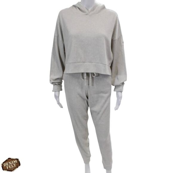 Alo Yoga Muse Hoodie & Sweatpants Ribbed Lounge 2 Piece Set Ivory Size Small - Picture 2 of 16